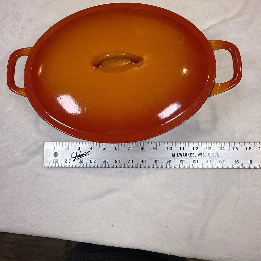 Vintage Descoware Flame Orange Oval Enameled Cast Iron Dutch Oven FE 8 Belgium